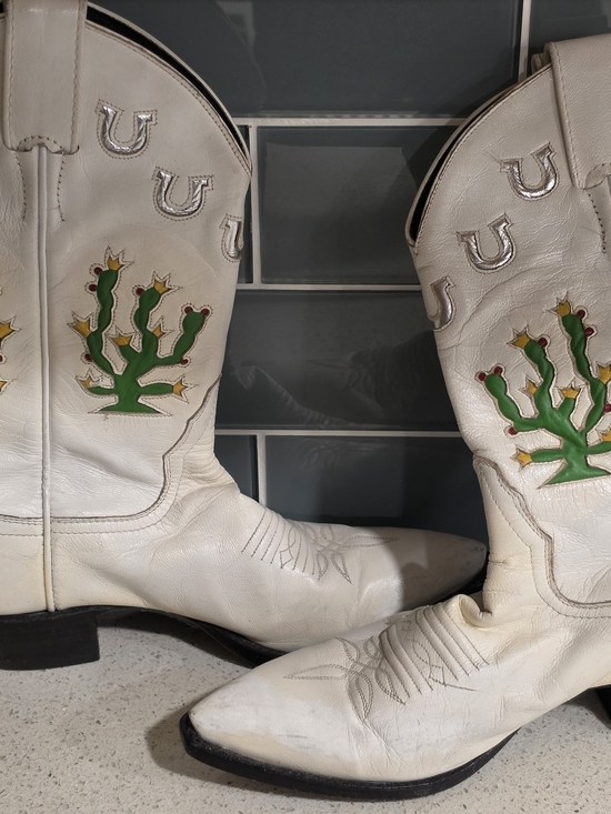 Larry Mahan Shoes - Rare Vintage Larry Mahan White Western Boots with Green Cactus Motif